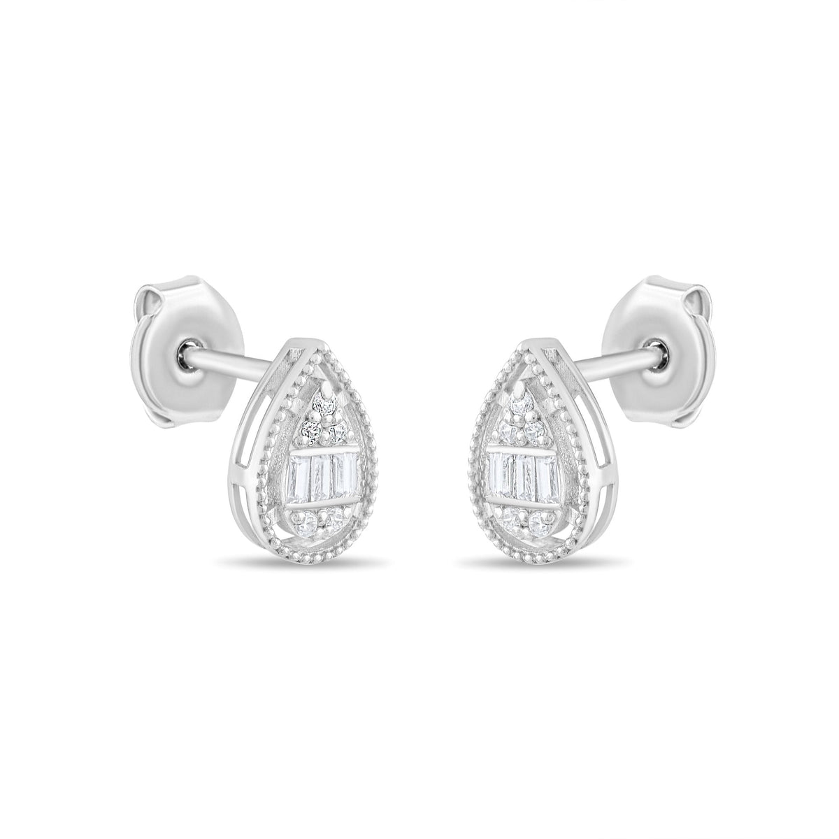 0.12 Carat Pear and Baguette Diamond Earrings · White Gold