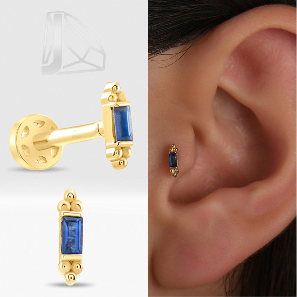 0.06 Carat Baguette Sapphire Piercing · Yellow Gold