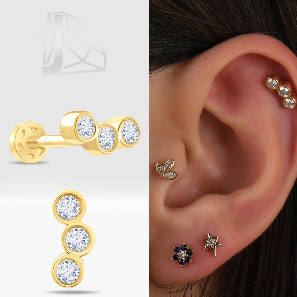 0.15 Carat Three-Stone Diamond Piercing · Yellow Gold