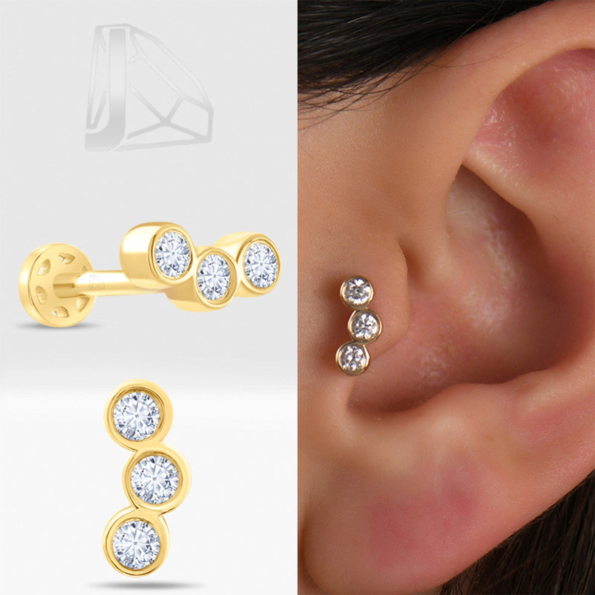 0.15 Carat Three-Stone Diamond Piercing · Yellow Gold