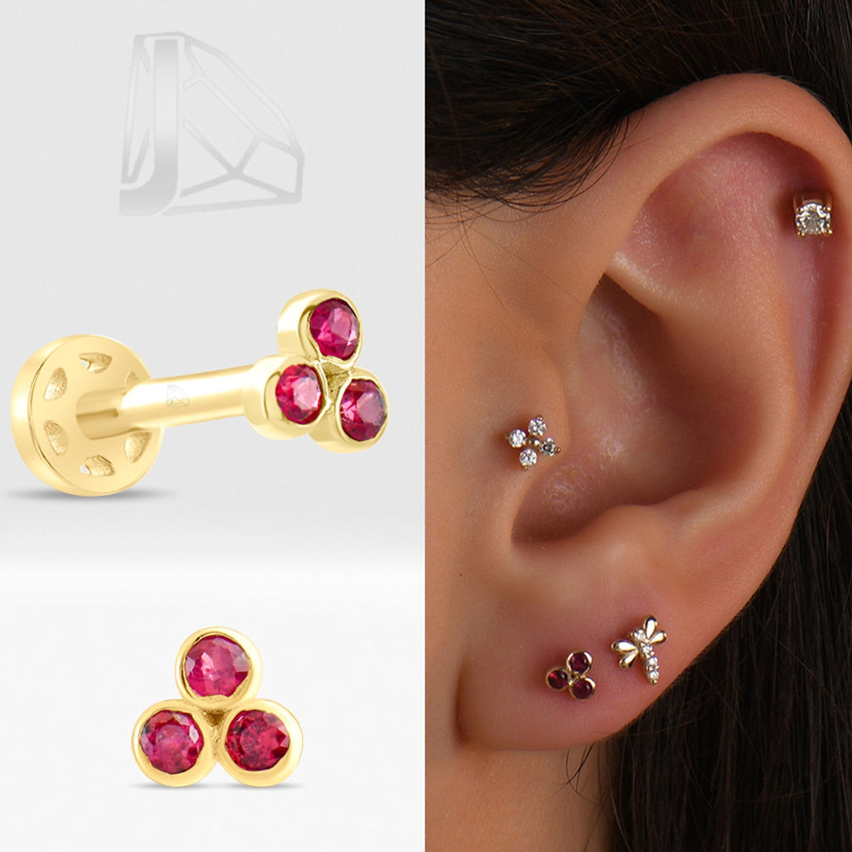 0.09 Carat Three-Stone Ruby Piercing · Yellow Gold