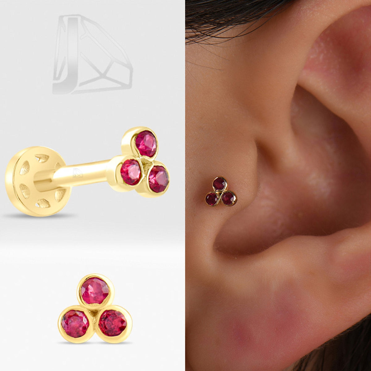 0.09 Carat Three-Stone Ruby Piercing · Yellow Gold