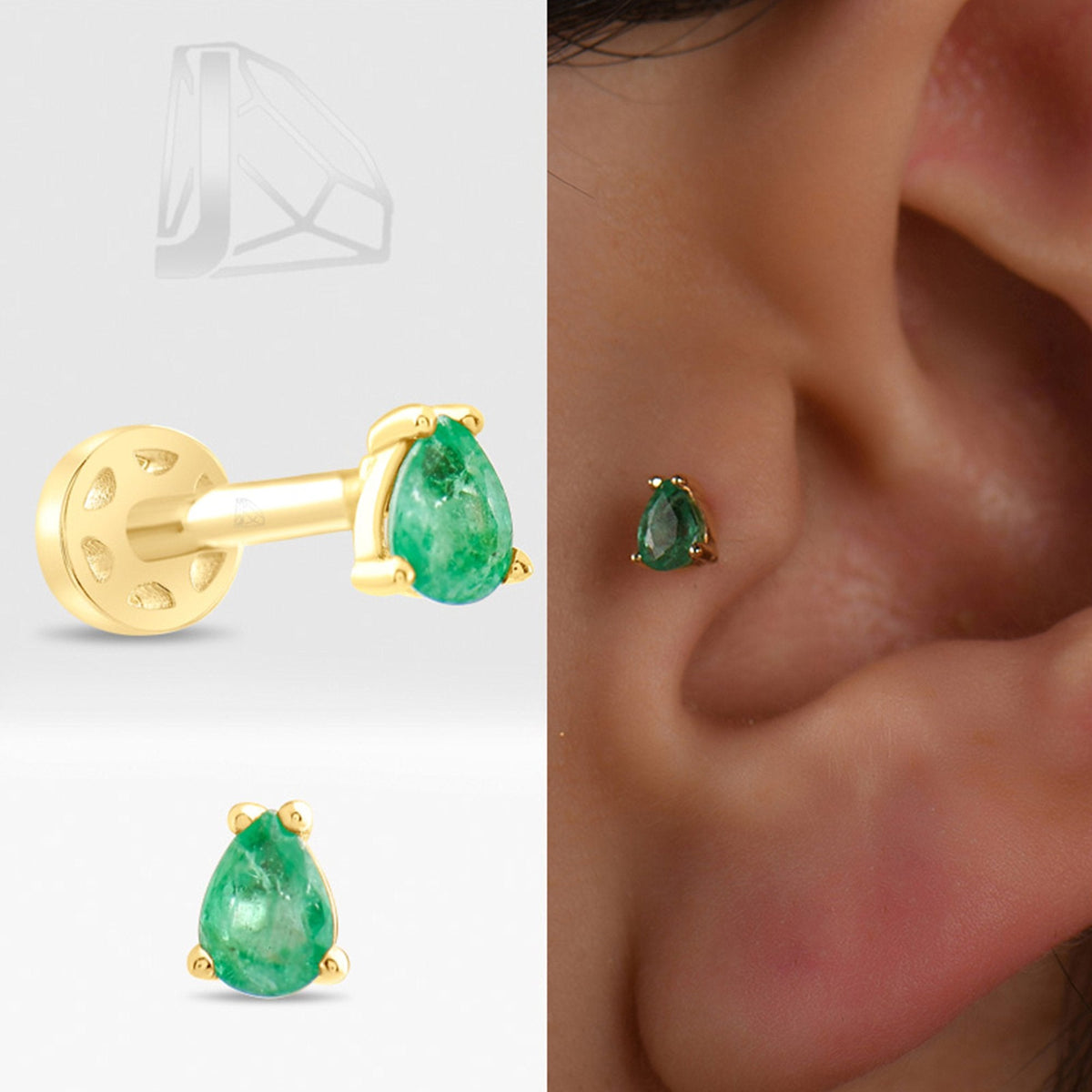 0.15 Carat Pear Emerald Piercing · Yellow Gold