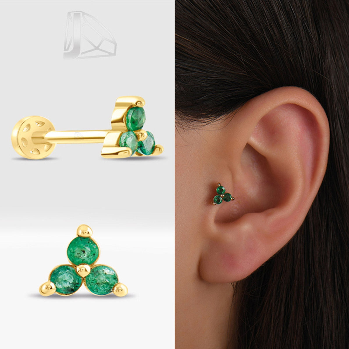 0.15 Carat Three-Stone Emerald Piercing · Yellow Gold