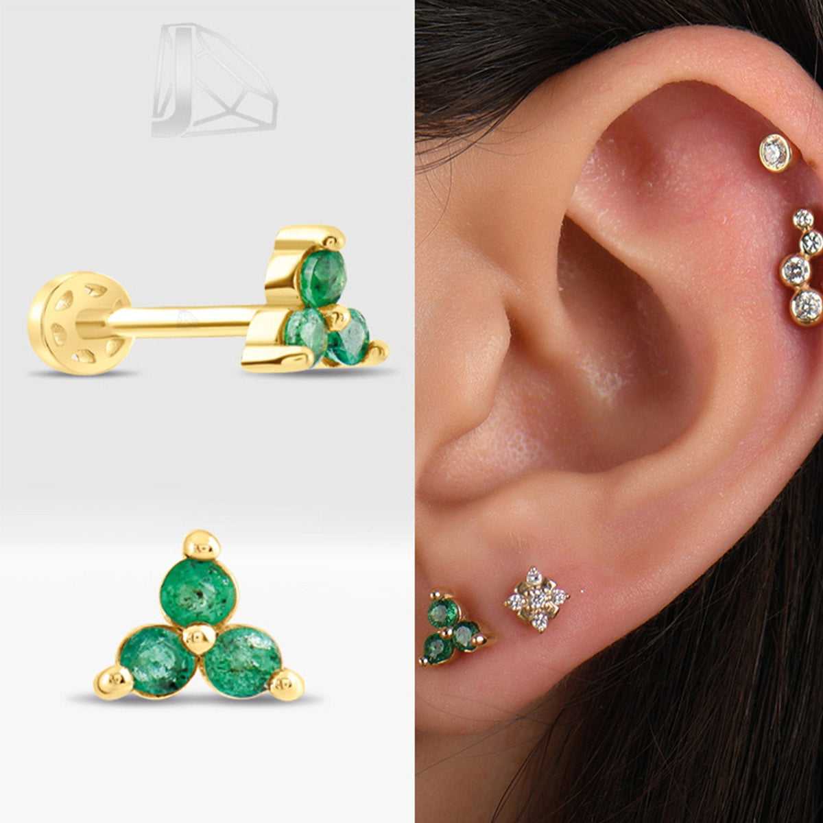 0.15 Carat Three-Stone Emerald Piercing · Yellow Gold