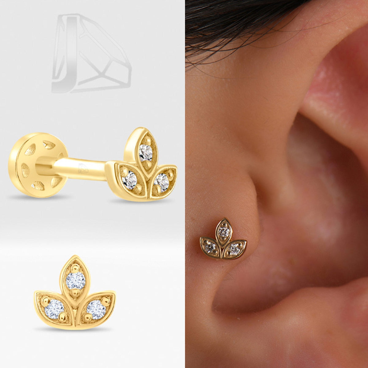 0.03 Carat Three-Leaf Diamond Piercing · Yellow Gold