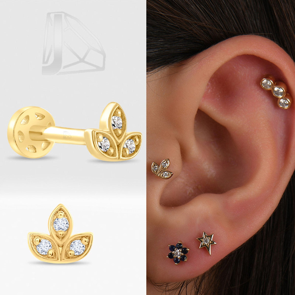 0.03 Carat Three-Leaf Diamond Piercing · Yellow Gold