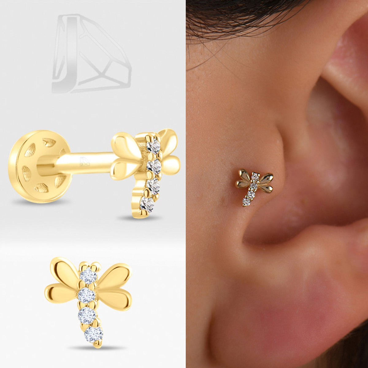 0.02 Carat Dragonfly Diamond Piercing · Yellow Gold