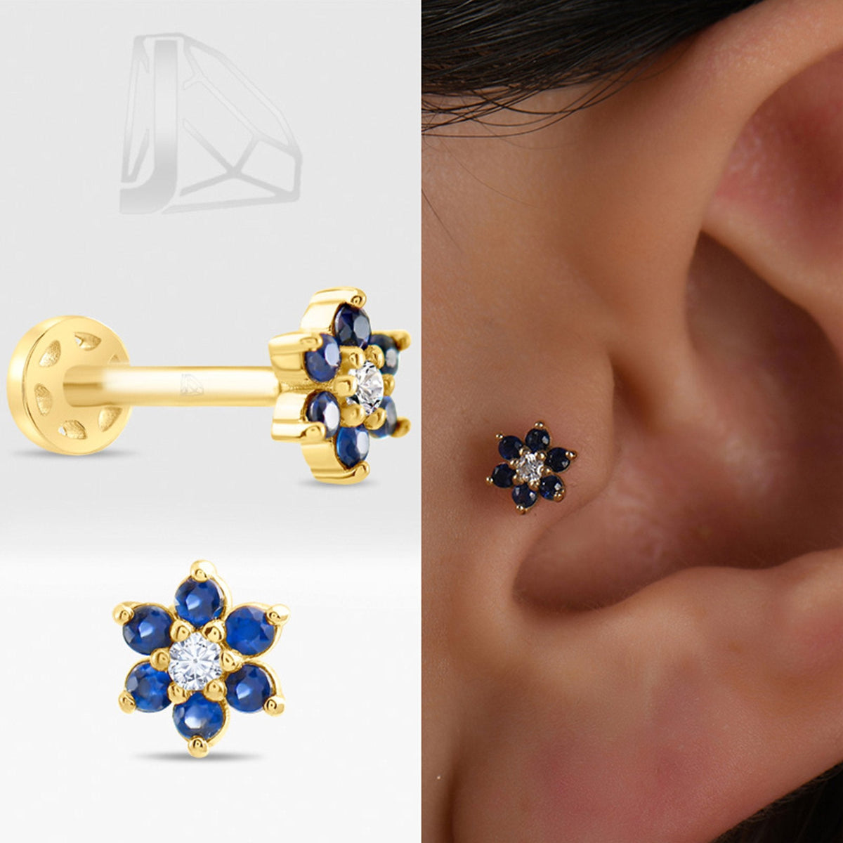 0.08 Carat Sapphire Flower Diamond Piercing · Yellow Gold