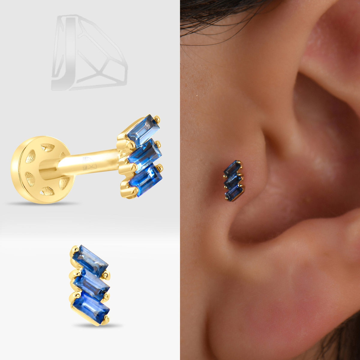 0.08 Carat Baguette Sapphire Piercing · Yellow Gold