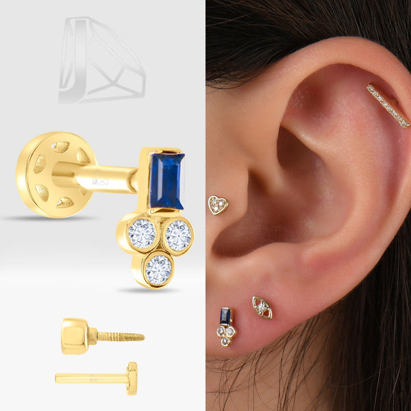 0.09 Carat Sapphire Baguette Diamond Piercing · Yellow Gold