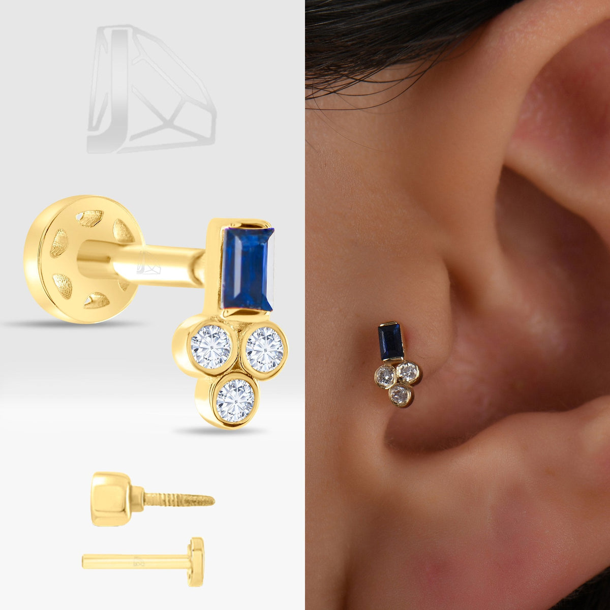 0.09 Carat Sapphire Baguette Diamond Piercing · Yellow Gold