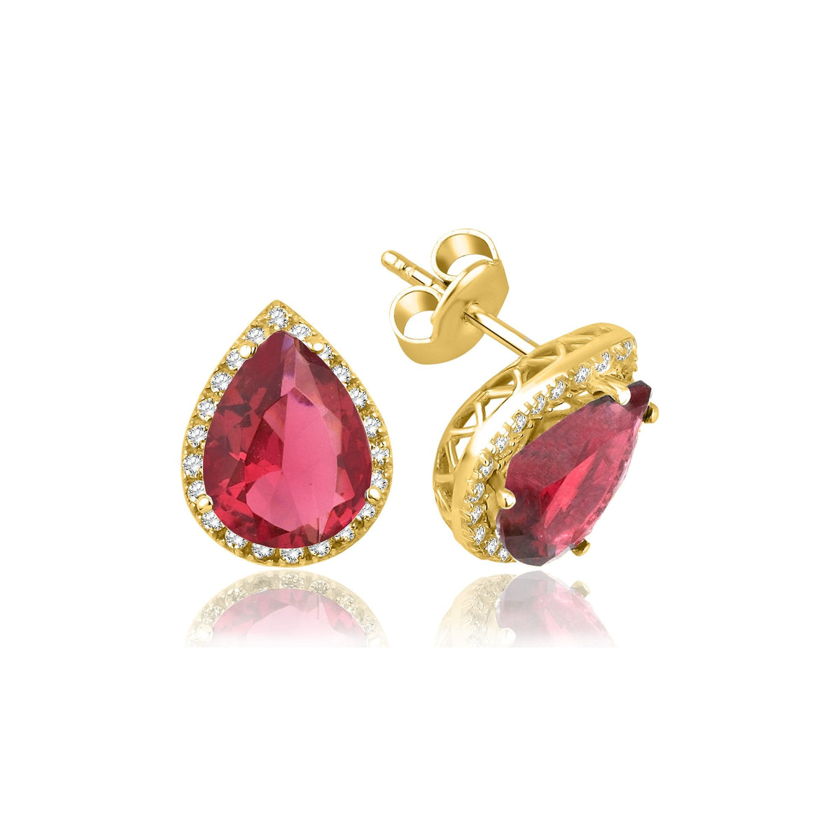 2.92 Carat Pear Ruby Diamond Earrings · Yellow Gold