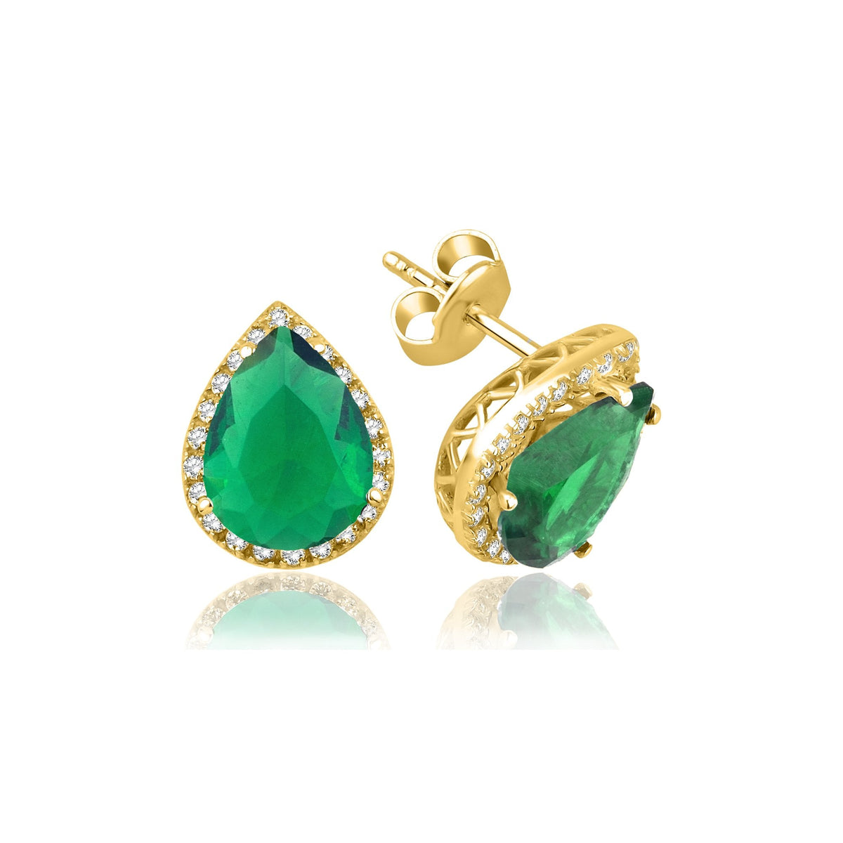 2.92 Carat Pear Emerald Diamond Earrings · Yellow Gold