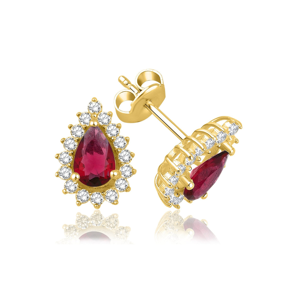 1.62 Carat Pear Ruby Diamond Earrings · Yellow Gold