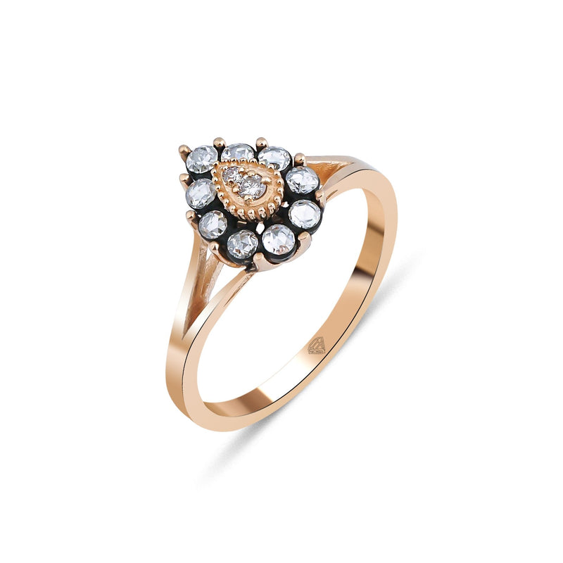Rose-Cut Diamond Pear Cluster Ring with Diamond Center · Rose Gold