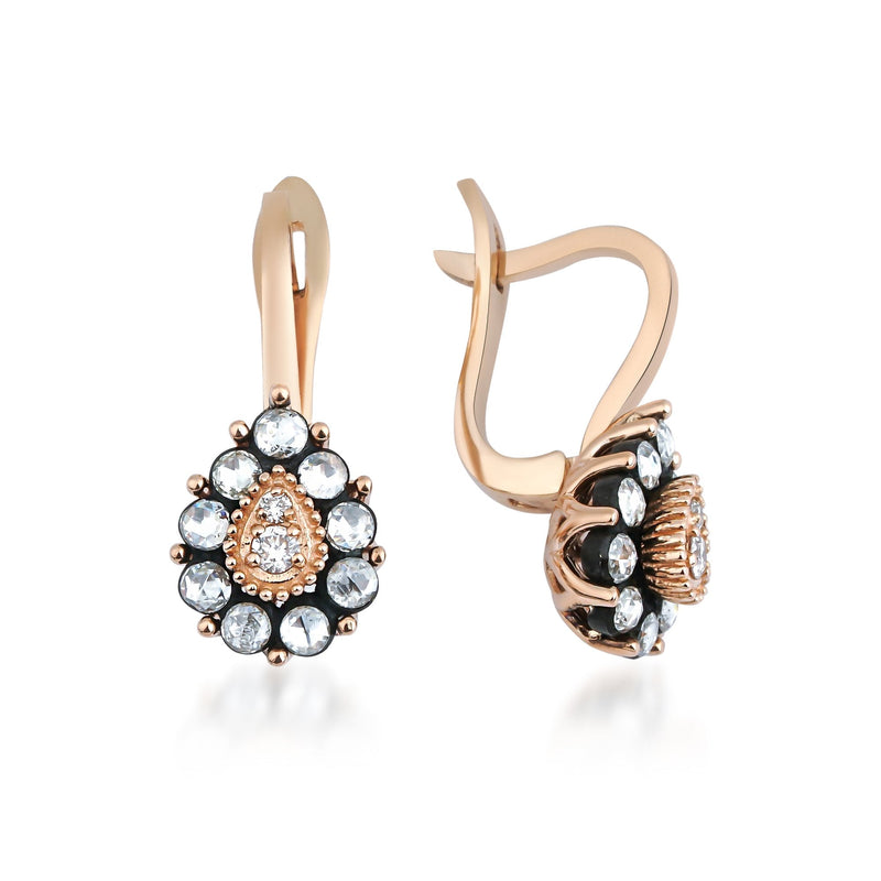 Rose-Cut Diamond Pear Cluster Earrings with Diamond Center · Rose Gold