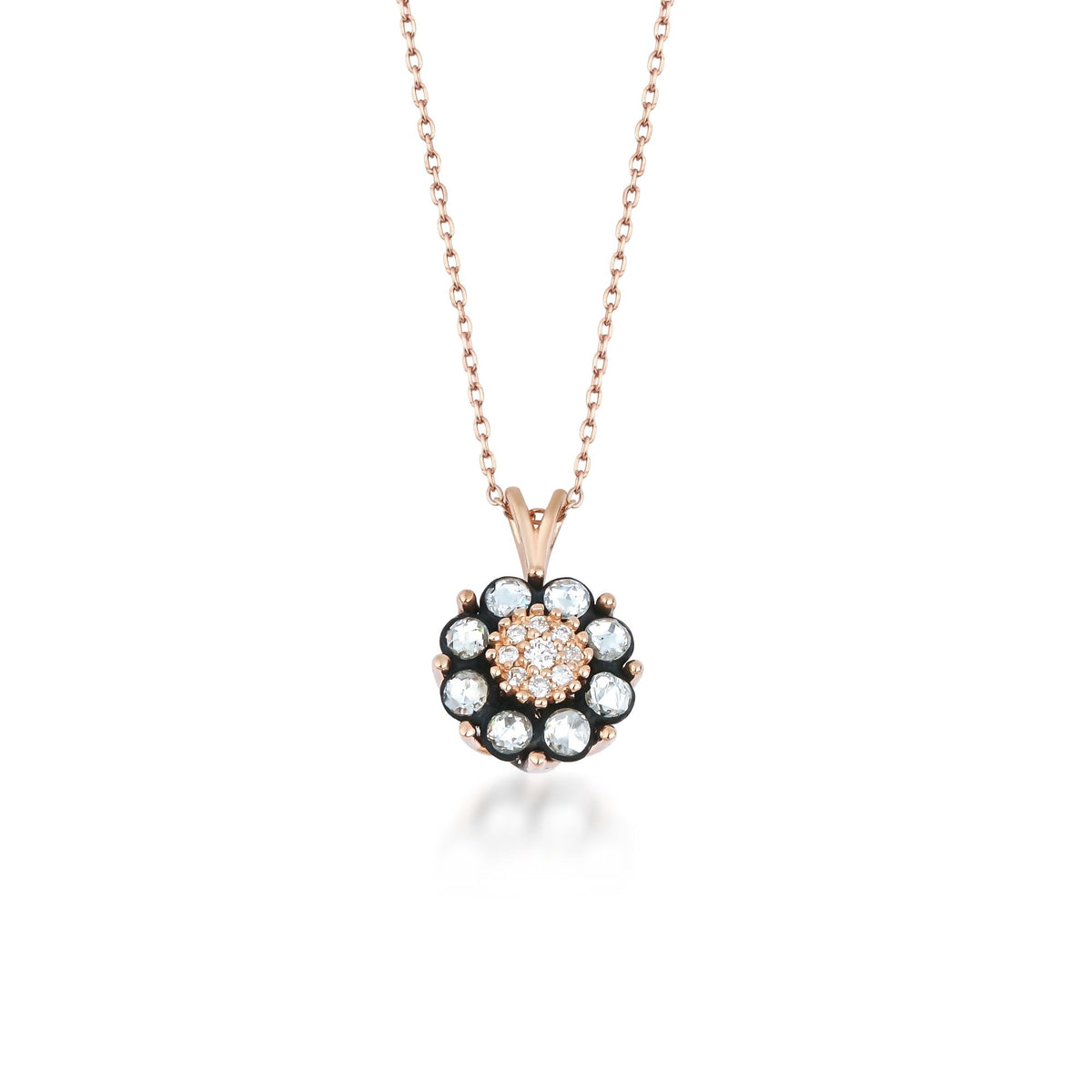 Rose-Cut Diamond Rosette Necklace with Pavé Center · Rose Gold