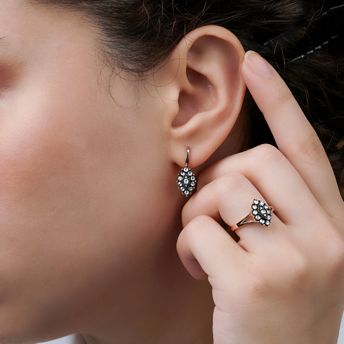 Rose-Cut Diamond Marquise Cluster Earrings