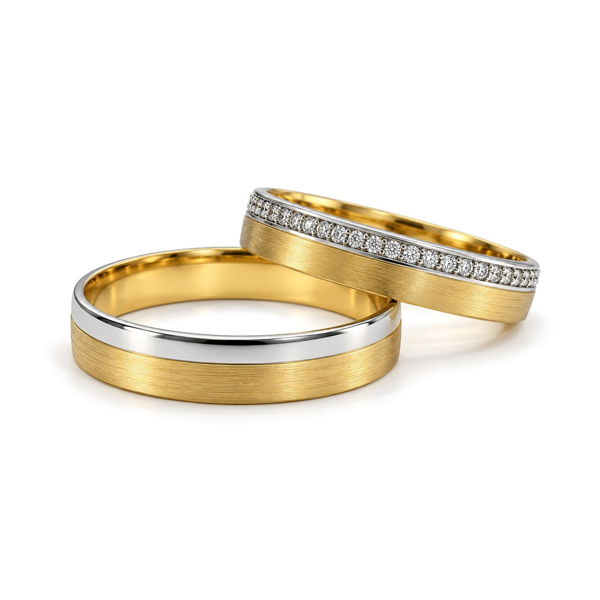 White Edge Brushed Yellow Lab-Grown Diamond Wedding Band Set · Set