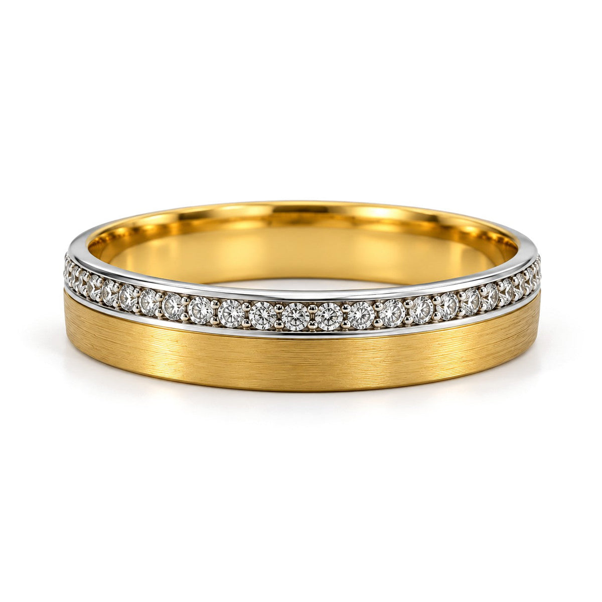 White Edge Brushed Yellow Lab-Grown Diamond Wedding Band Set · Her Band