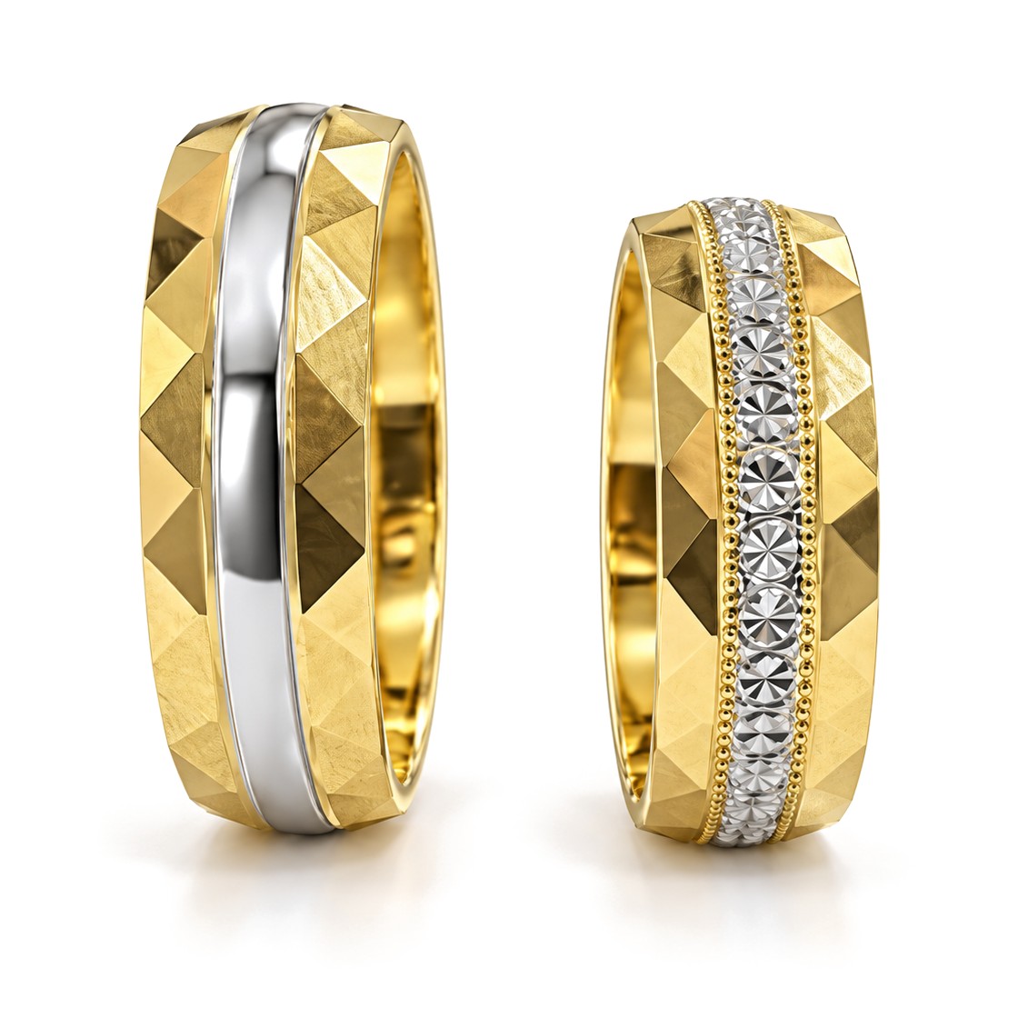 White Stripe Pyramid Gold Wedding Band Set · Set