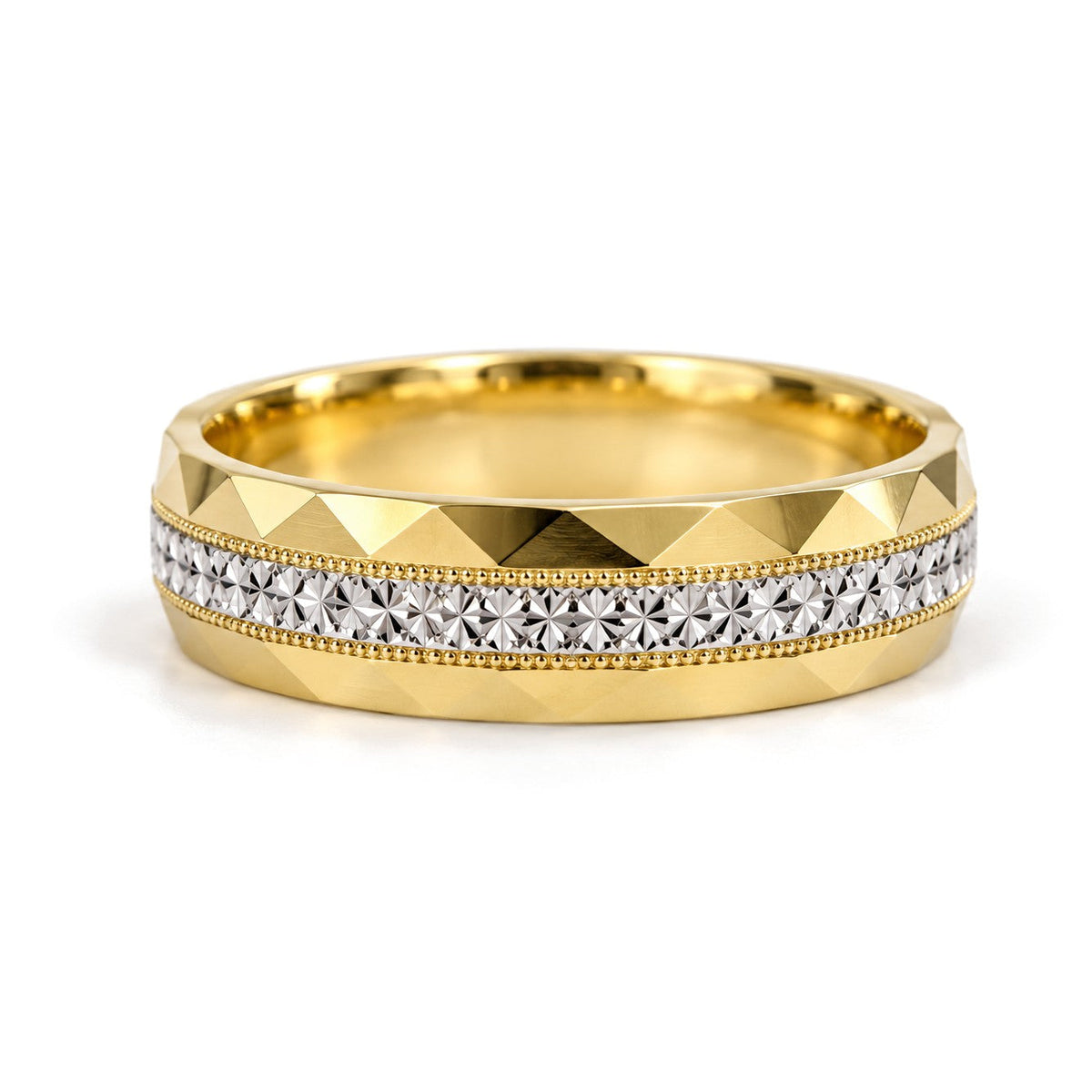 White Stripe Pyramid Gold Wedding Band Set · Her Band