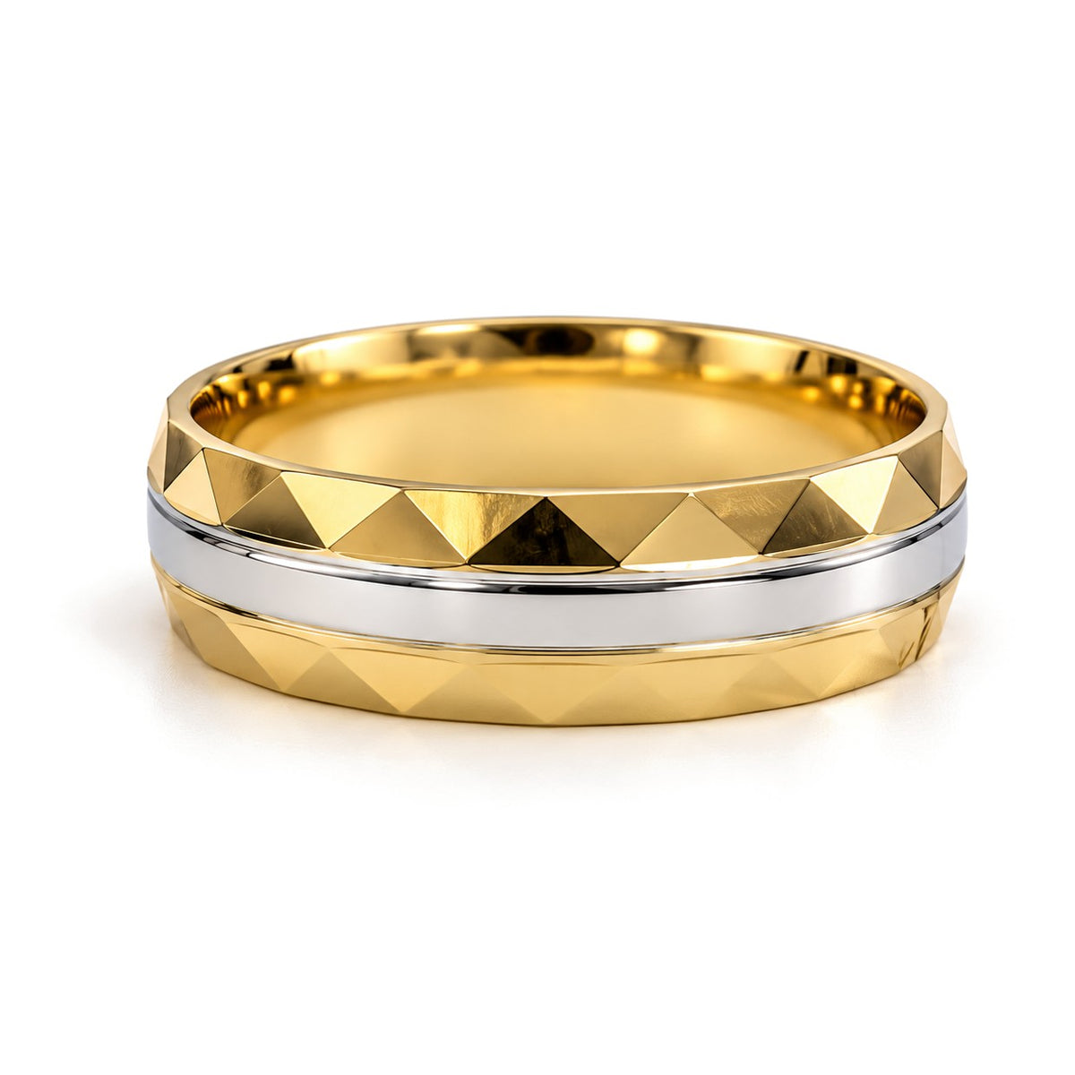 White Stripe Pyramid Gold Wedding Band Set · His Band