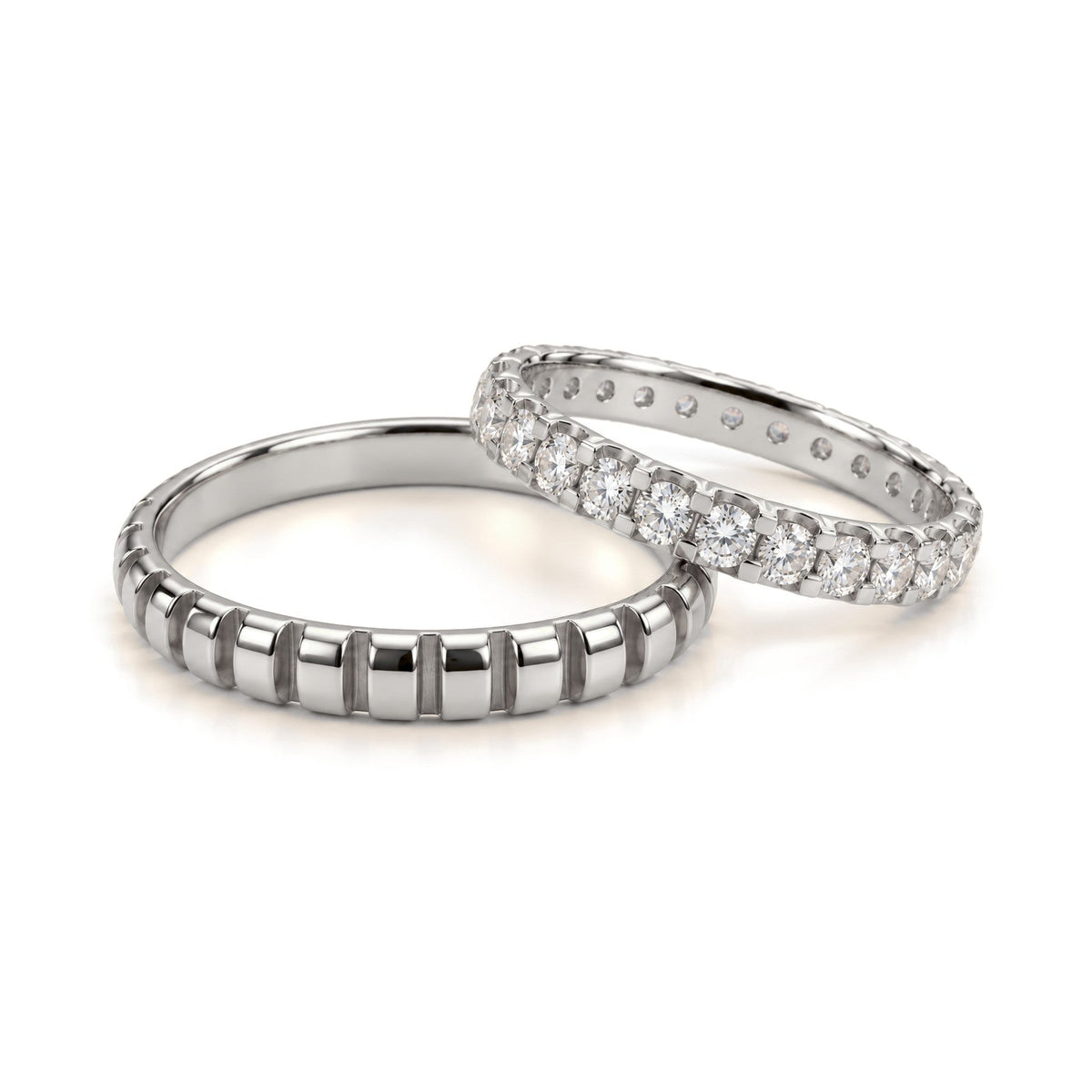 Ribbed Lab-Grown Diamond Wedding Band Set · White Gold · Set