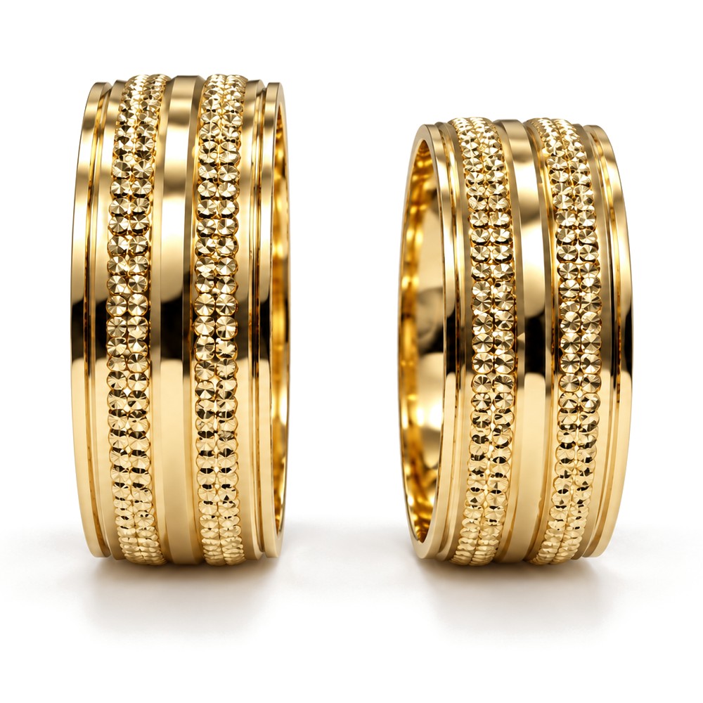 Beaded Wide Gold Wedding Band Set · Yellow Gold · Set · Side View