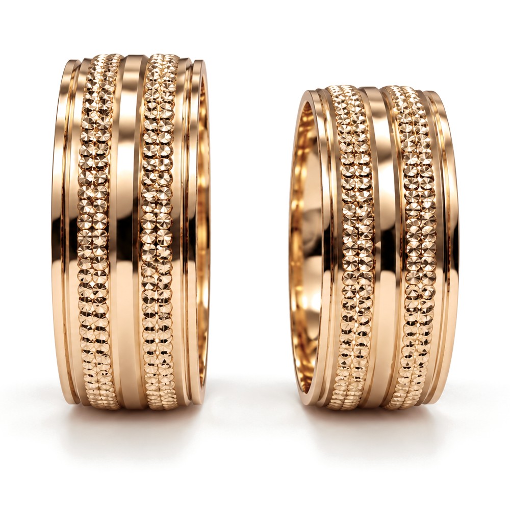 Beaded Wide Gold Wedding Band Set · Rose Gold · Set · Side View