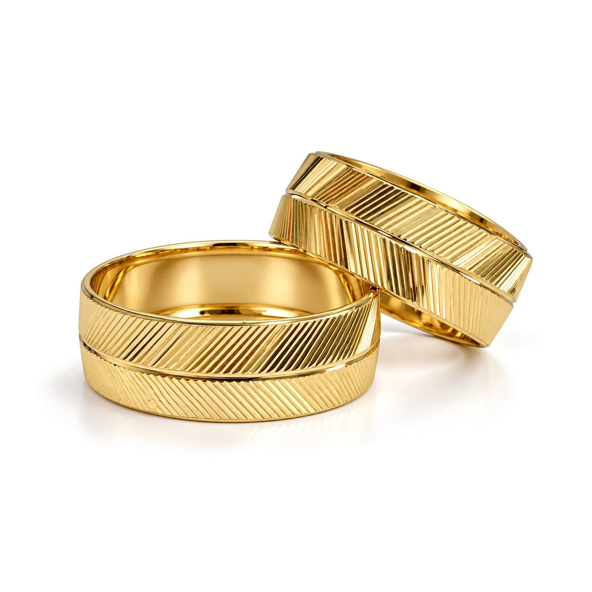 Diagonal Line Grooved Gold Wedding Band Set · Yellow Gold · Set