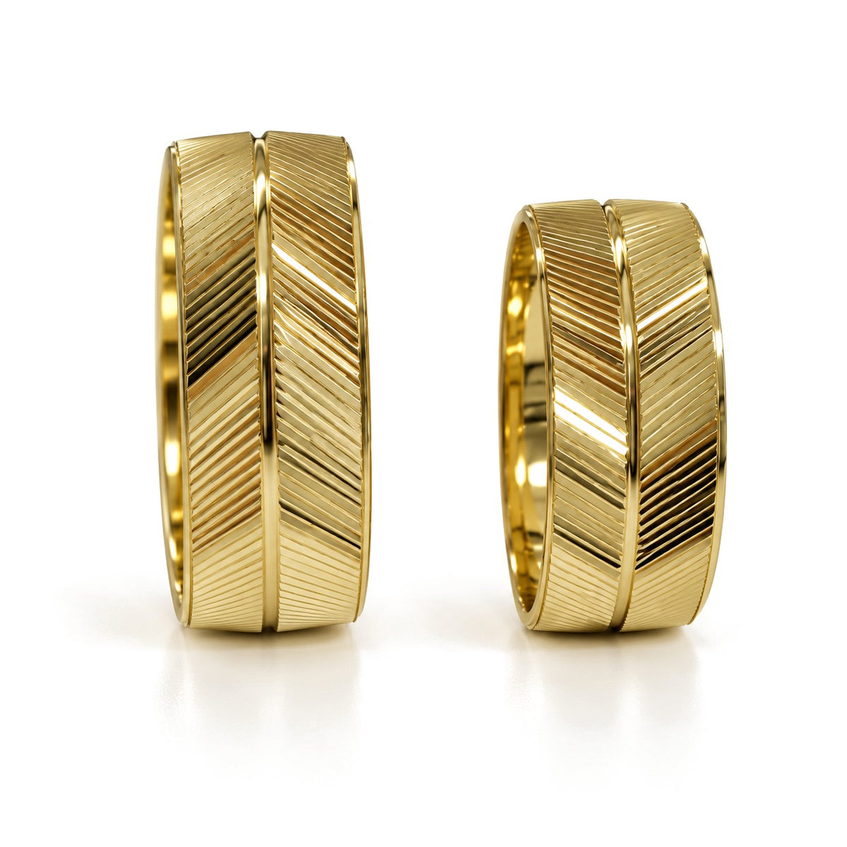 Diagonal Line Grooved Gold Wedding Band Set · Yellow Gold · Set · Side View