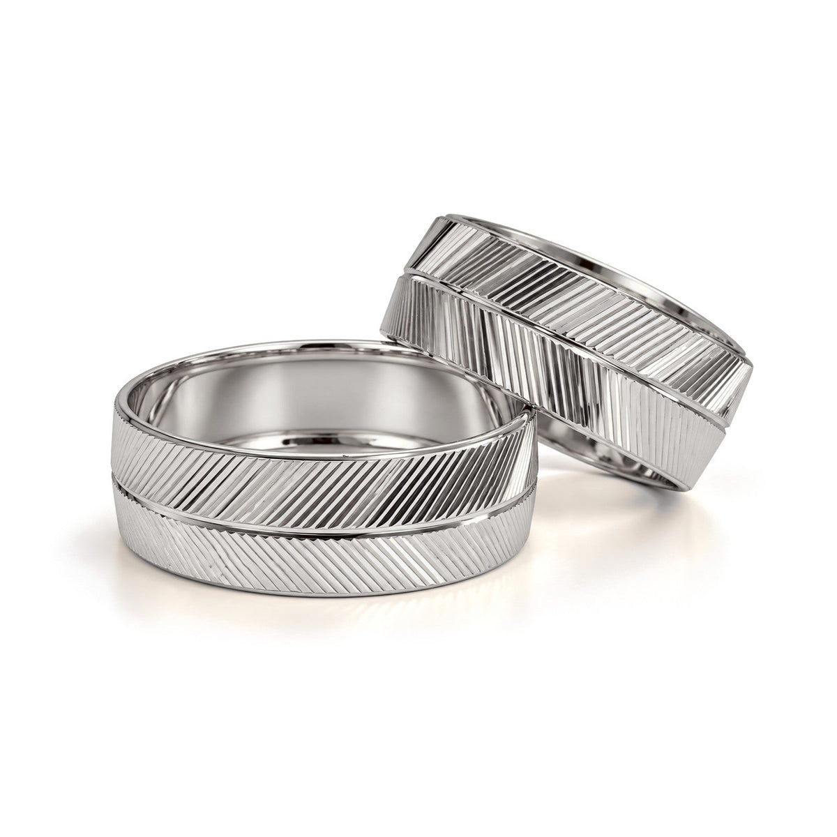Diagonal Line Grooved Gold Wedding Band Set · White Gold · Set