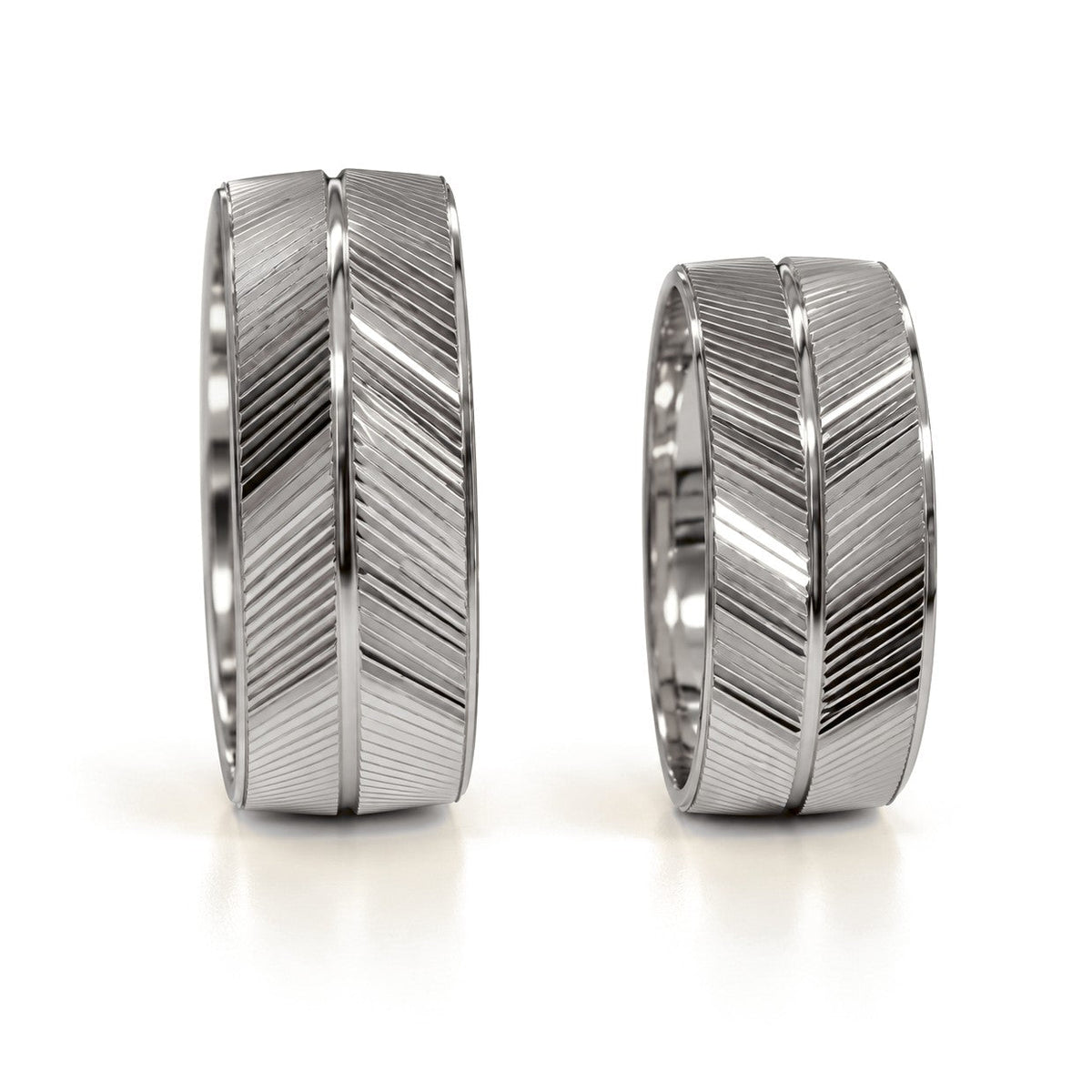Diagonal Line Grooved Gold Wedding Band Set · White Gold · Set · Side View