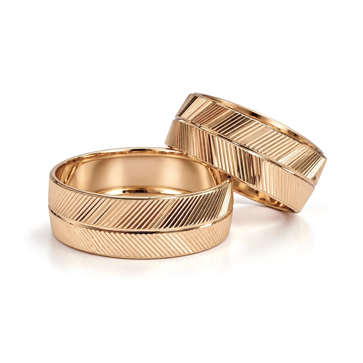 Diagonal Line Grooved Gold Wedding Band Set · Rose Gold · Set