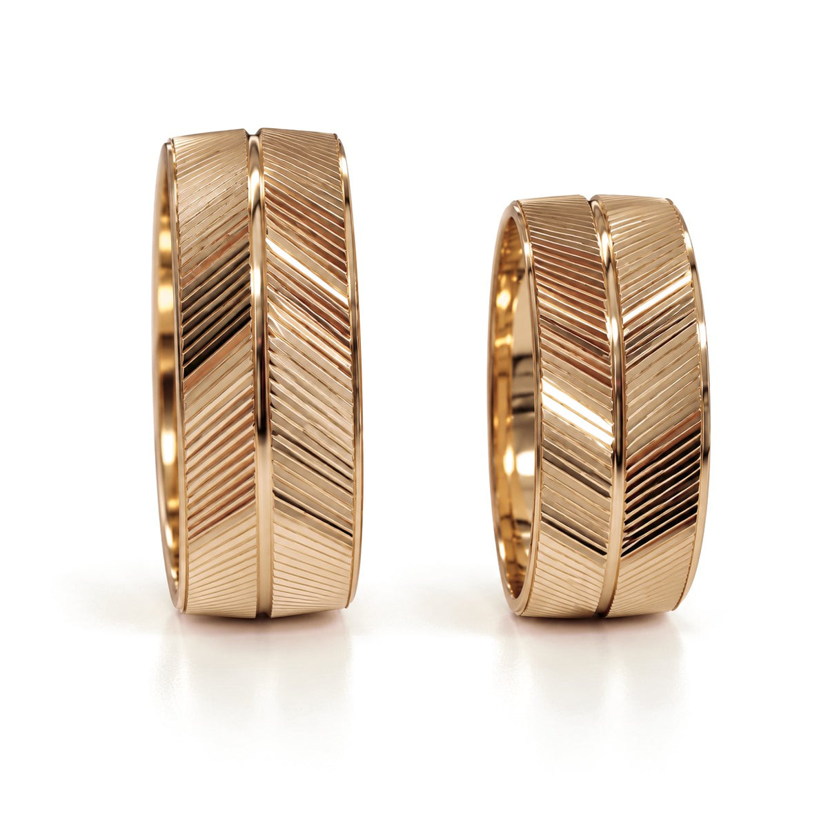 Diagonal Line Grooved Gold Wedding Band Set · Rose Gold · Set · Side View