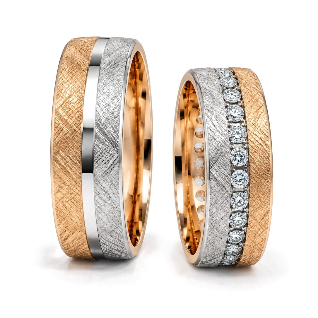 Cross-Brushed Diamond Wedding Band Set · Set