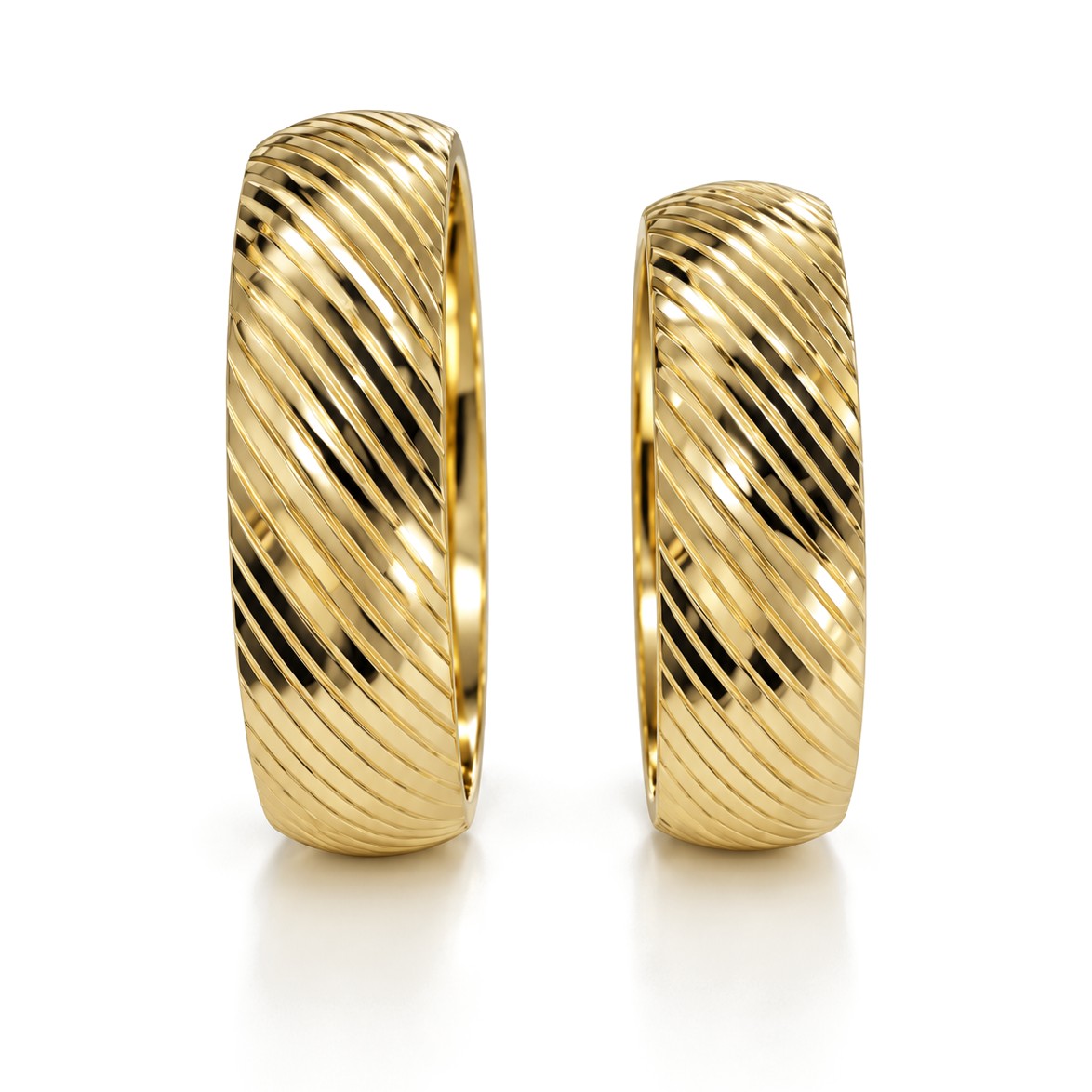Diagonal Groove Dome Gold Wedding Band Set · Yellow Gold · Set · Side View
