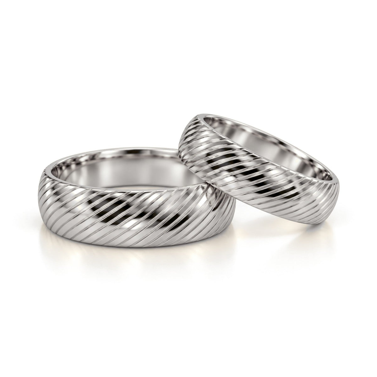 Diagonal Groove Dome Gold Wedding Band Set · White Gold · Set