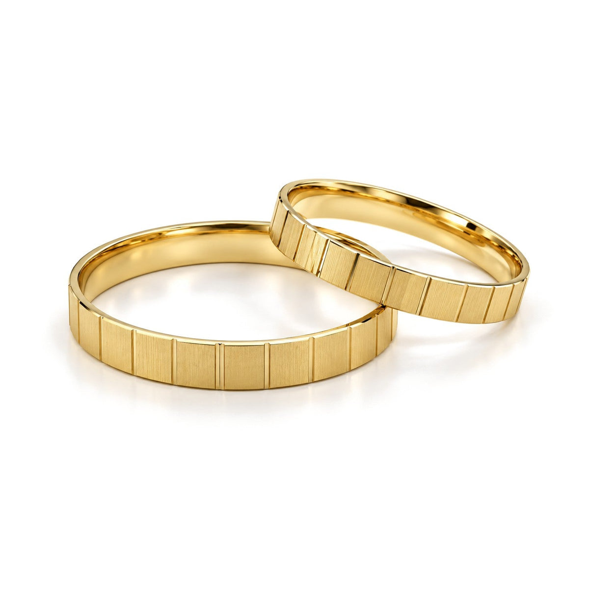 Brushed Vertical Line Gold Wedding Band Set · Yellow Gold · Set