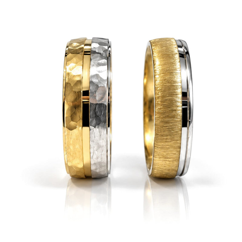 Hammered and Brushed Gold Wedding Band Set · Set