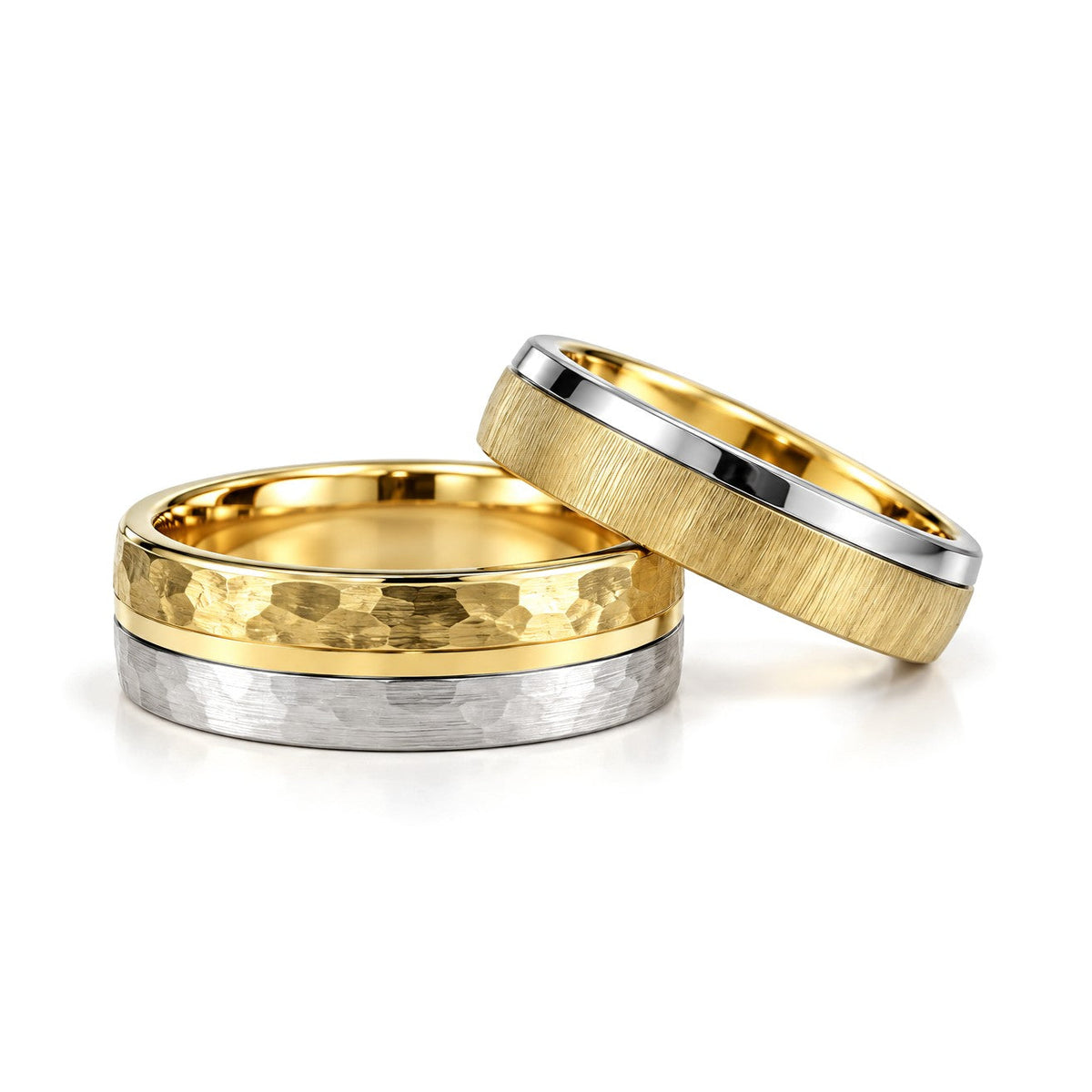 Hammered and Brushed Gold Wedding Band Set · Set