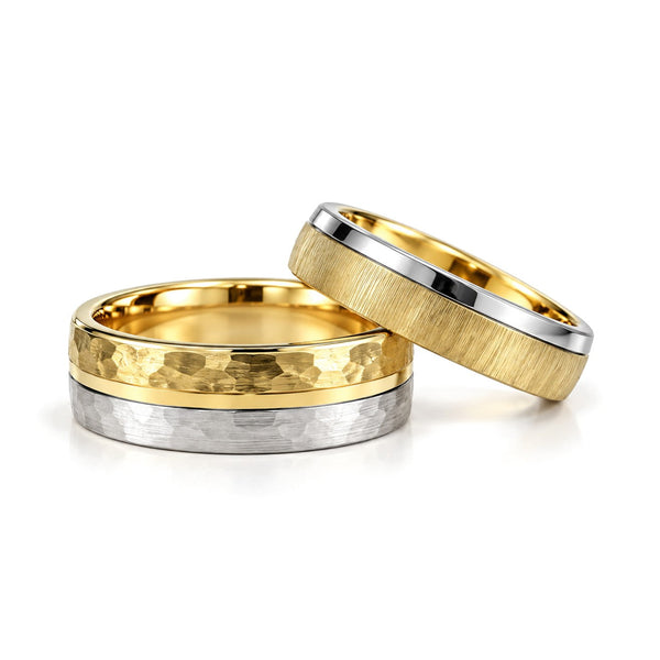 Hammered and Brushed Gold Wedding Band Set · Set
