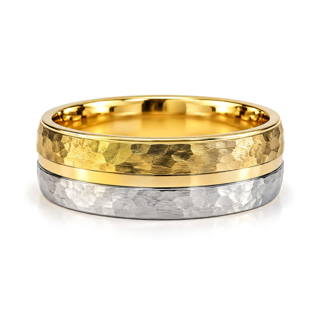 Hammered and Brushed Gold Wedding Band Set · His Band