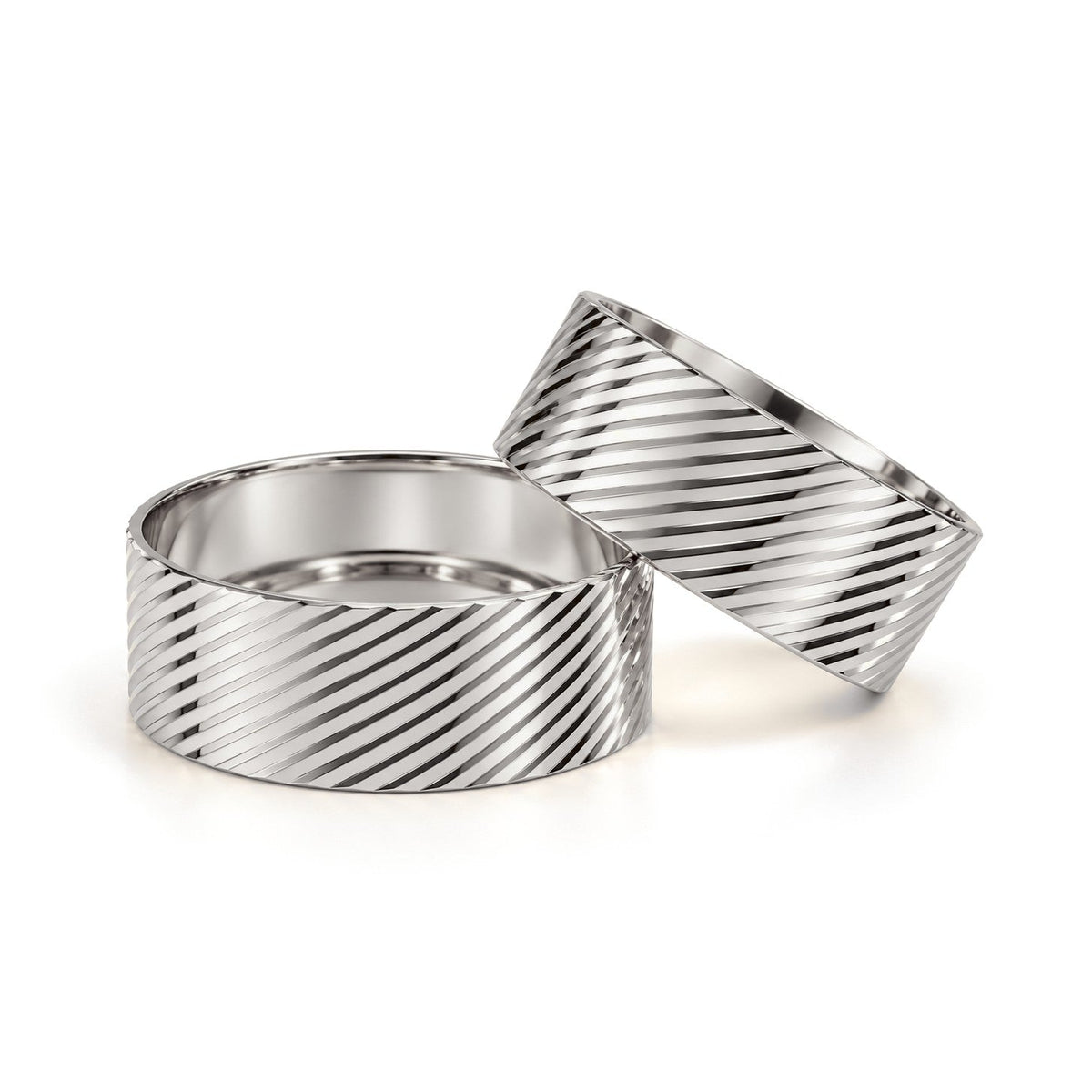 Wide Diagonal Groove Gold Wedding Band Set · White Gold · Set