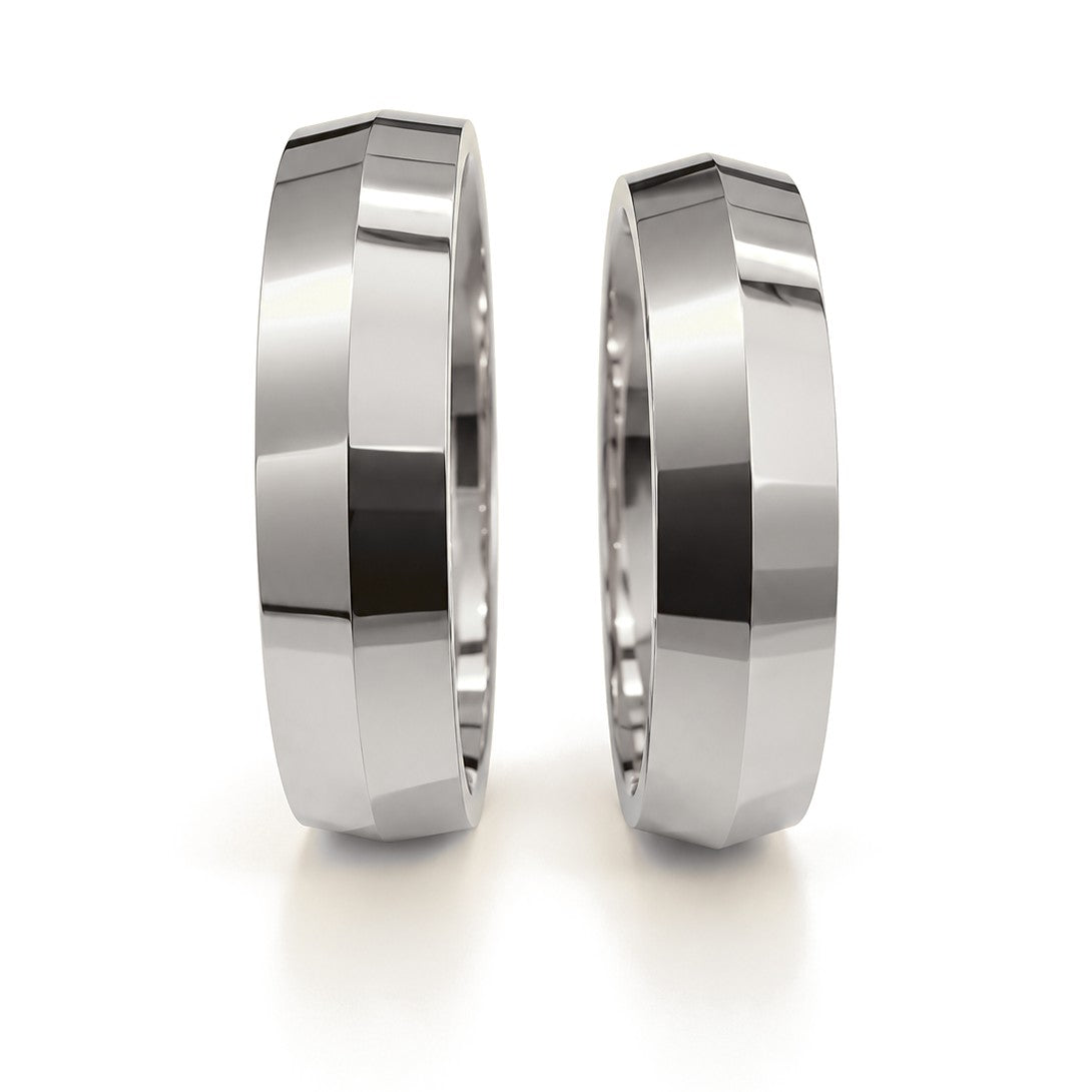 Wide Beveled Edge Gold Wedding Band Set · White Gold · Set · Side View