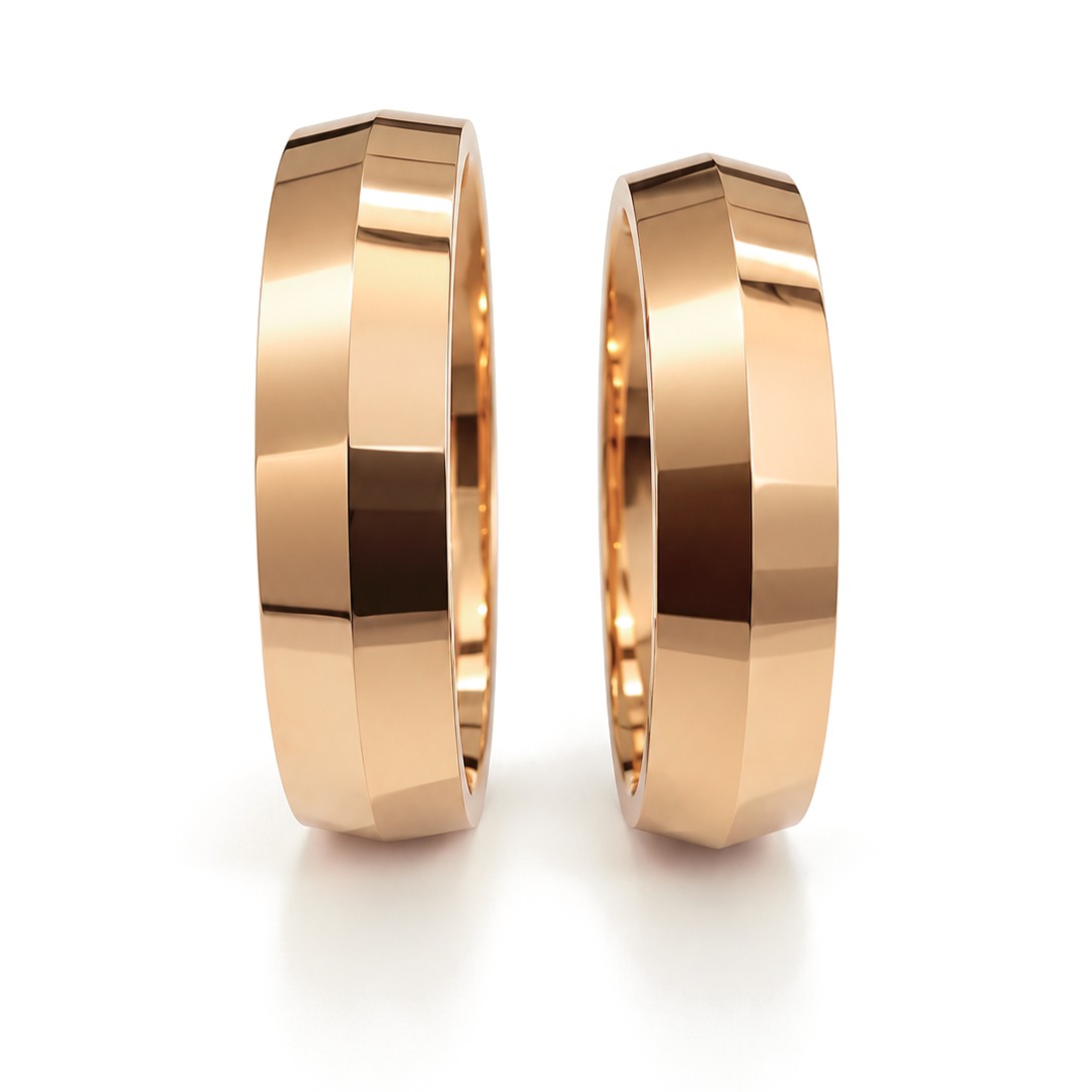 Wide Beveled Edge Gold Wedding Band Set · Rose Gold · Set · Side View