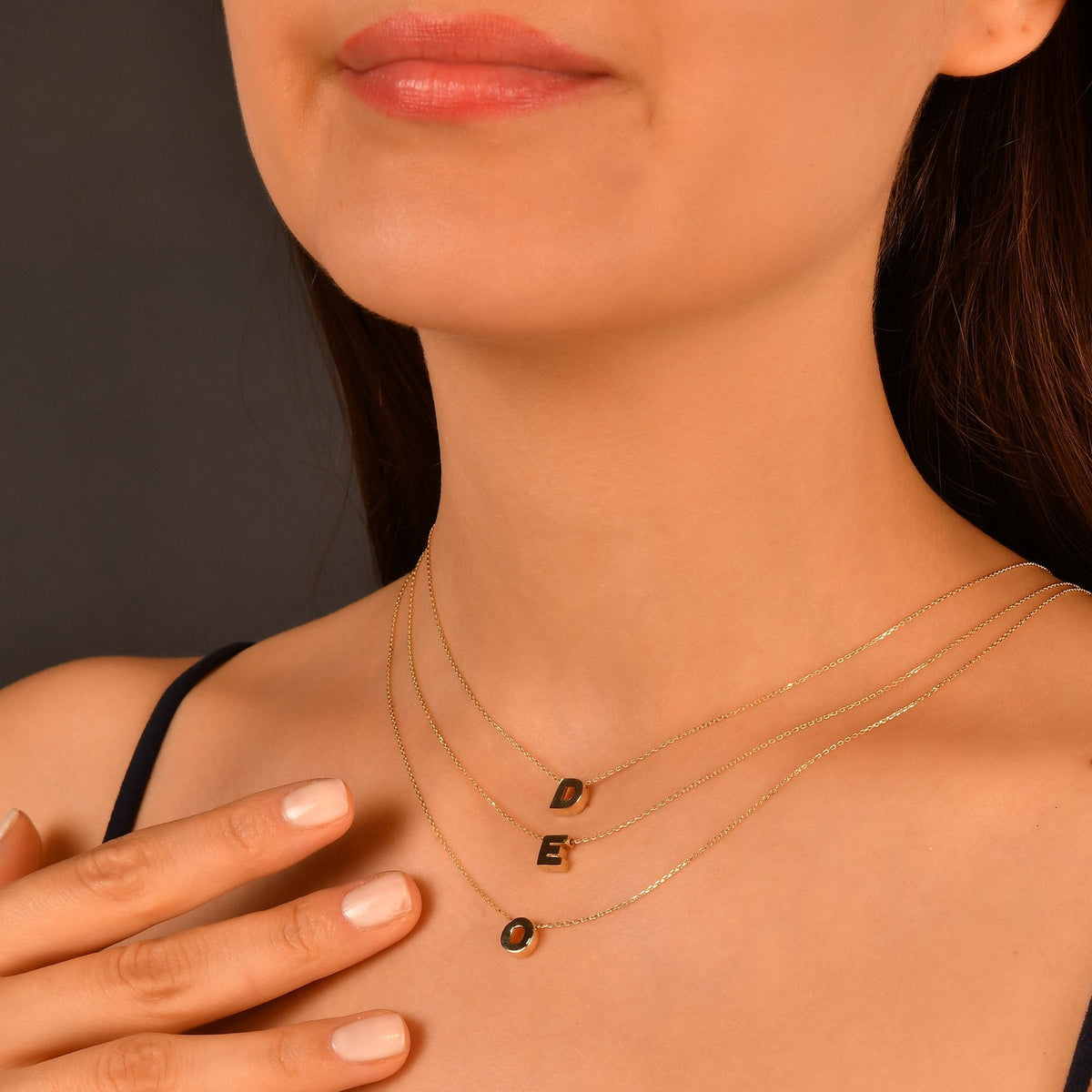 Gold Initial Necklace · Letters D, E and O