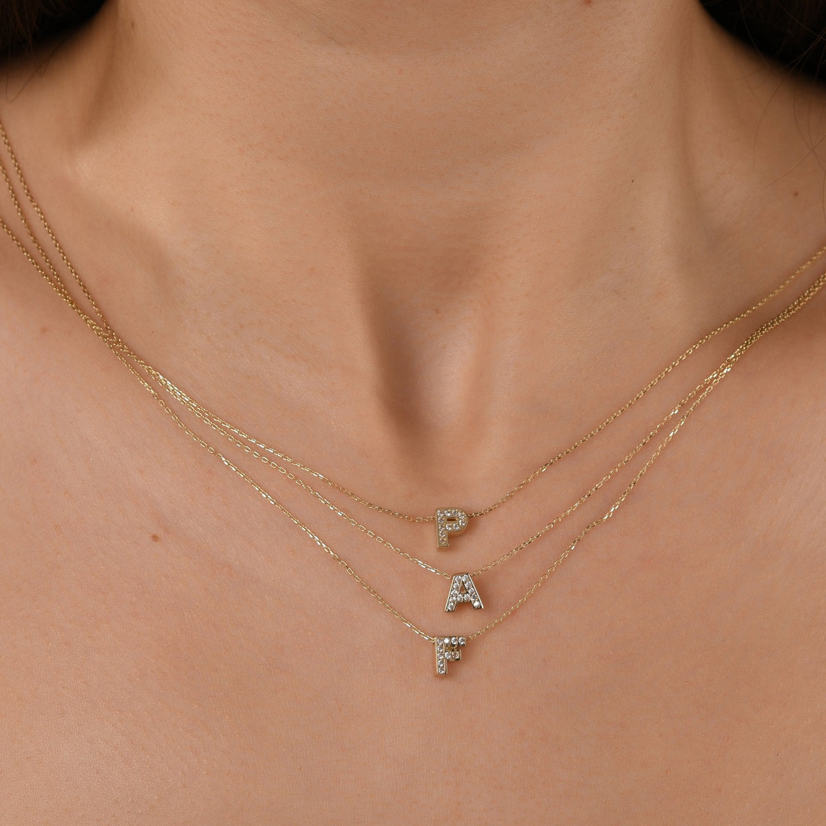 Diamond Initial Necklace · Letters P, A and F